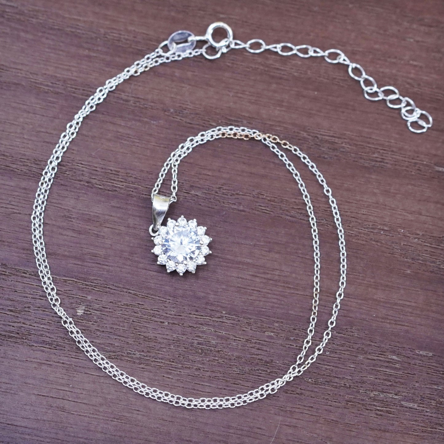 16+2”, 1mm, vintage Sterling silver necklace, 925 circle chain with Cz pendant