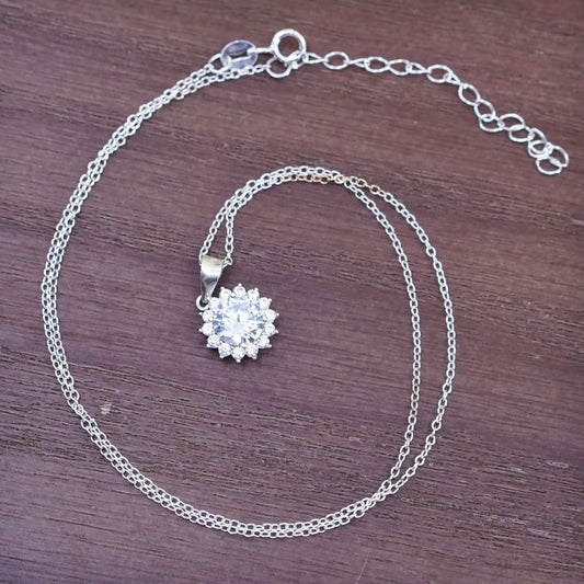 16+2”, 1mm, vintage Sterling silver necklace, 925 circle chain with Cz pendant