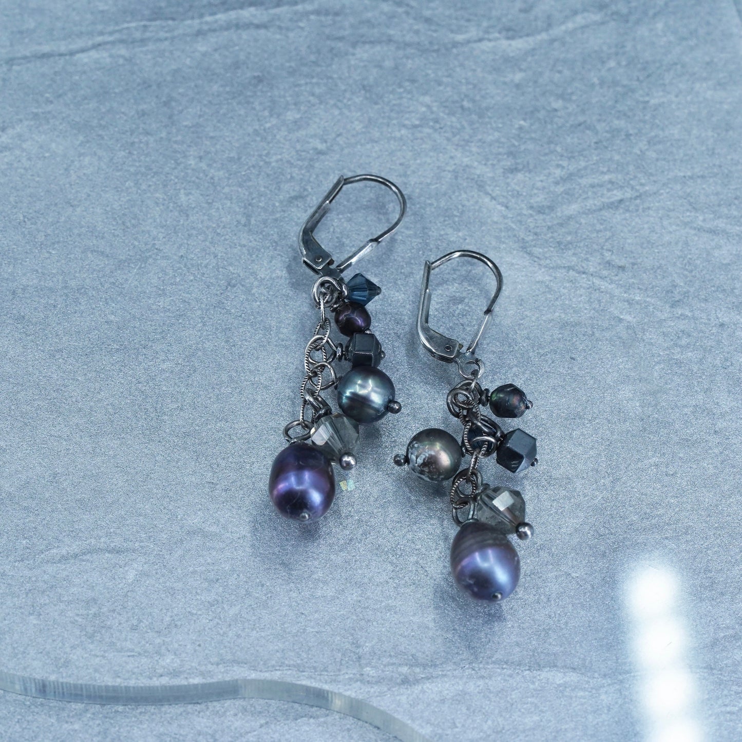 Vintage Sterling 925 silver handmade earrings with black pearl