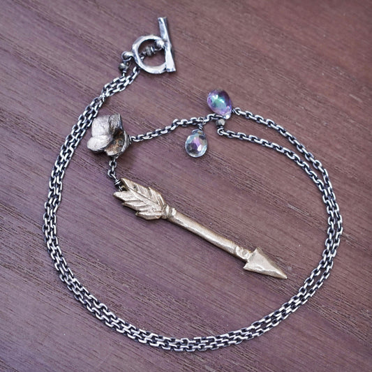 16”, Sterling 925 Silver Circle Chain Necklace arrow Pendant and flower charm