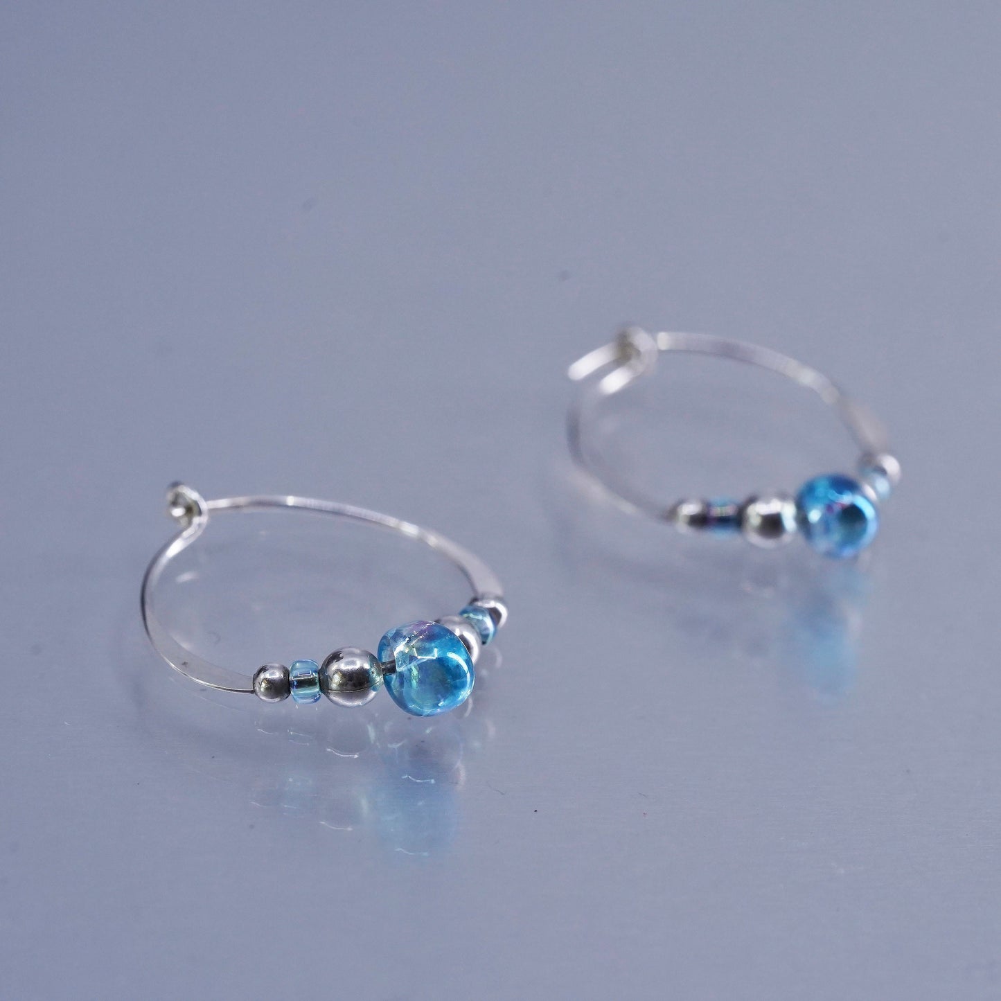 0.75”, Sterling silver handmade earrings, 925 hoops with blue glass beads