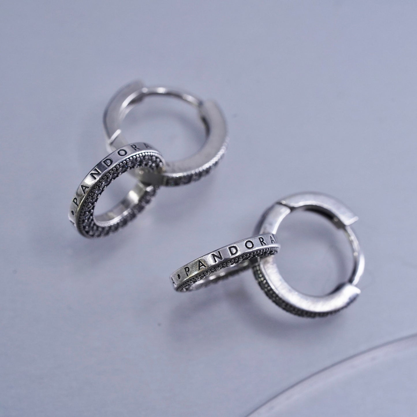 0.5”, vintage Pandora ALE Sterling silver earrings, 925 entwined hoops with cz