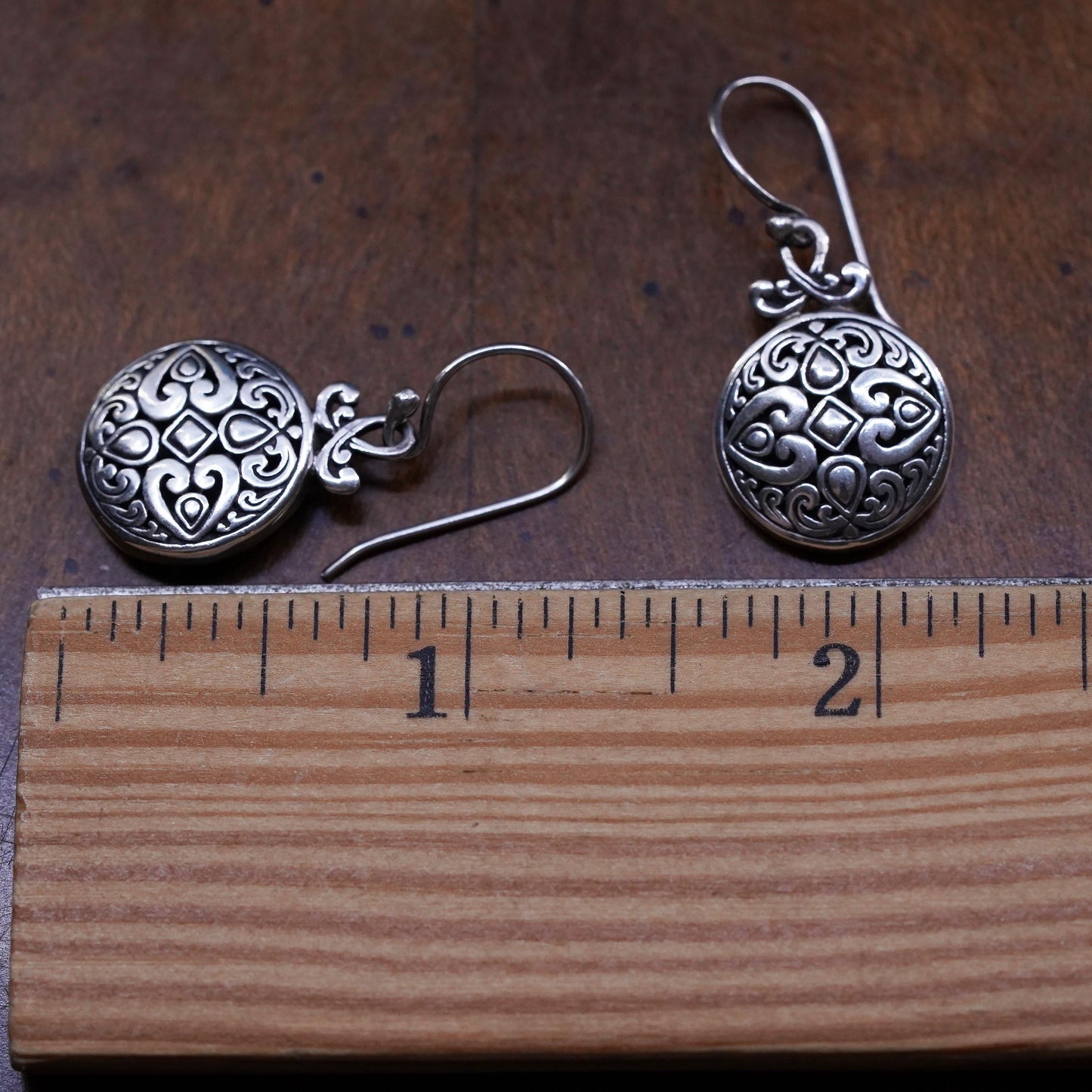 Vintage sterling silver handmade earrings, 925 circle filigree drop