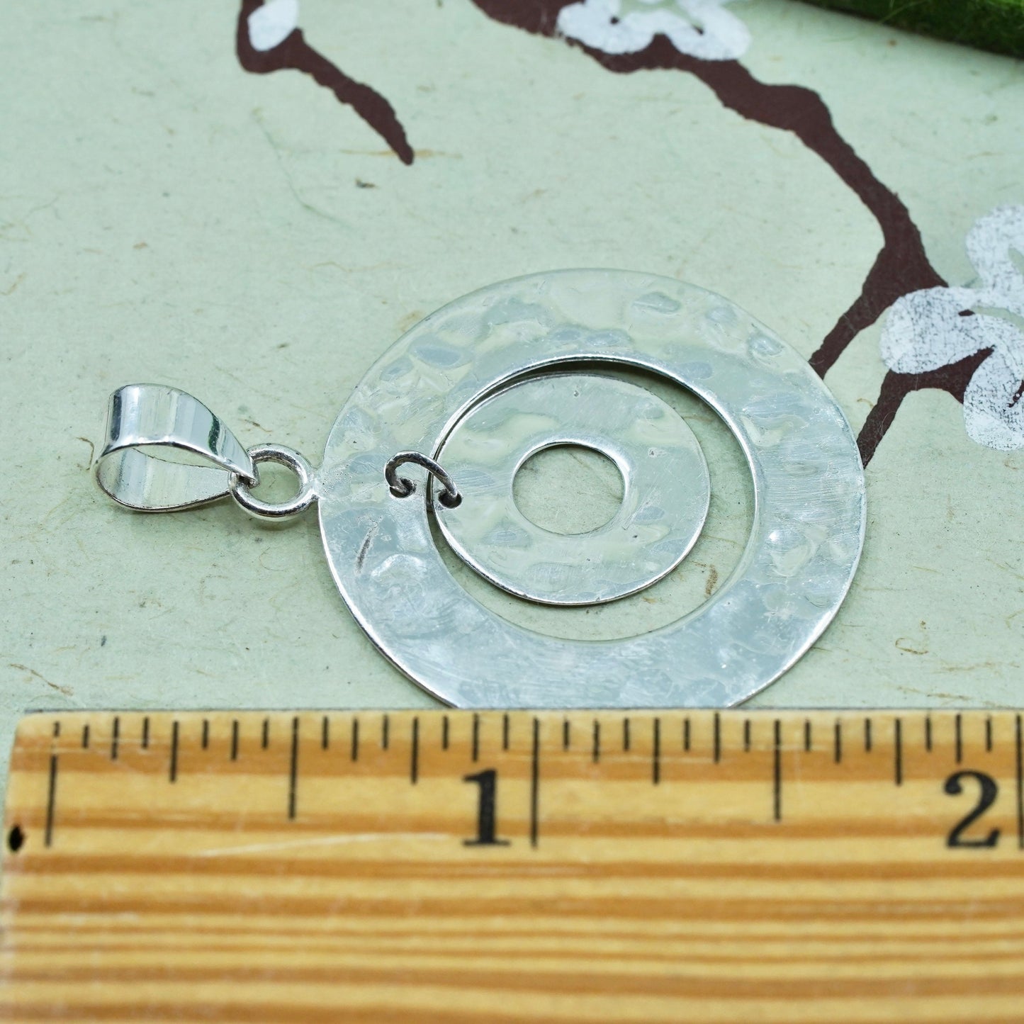 Vintage sterling silver handmade pendant, 925 hammered double circle