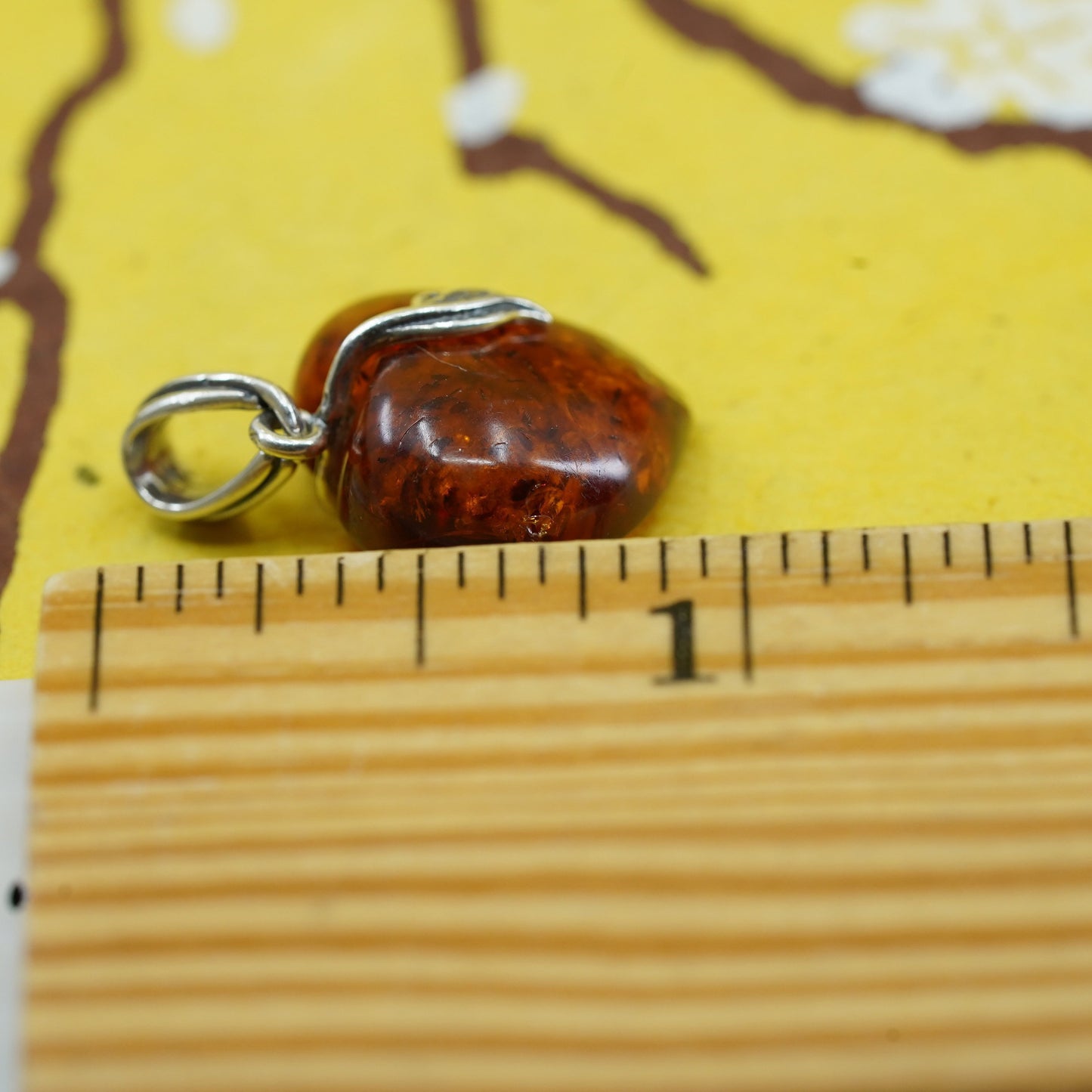 Vintage Sterling 925 silver handmade pendant with heart Amber