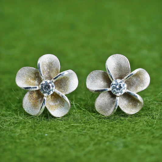 sterling 925 silver plumeria flower studs with clear cz, minimalist earrings