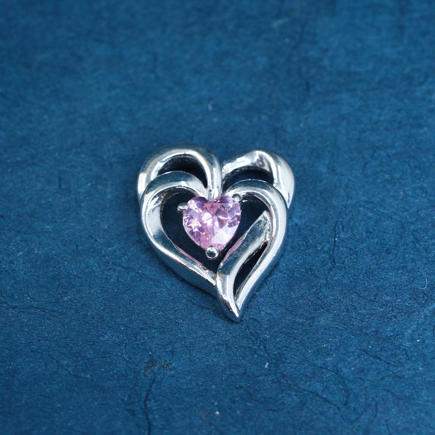 Vintage Sterling silver handmade pendant, 925 double heart with pink cz