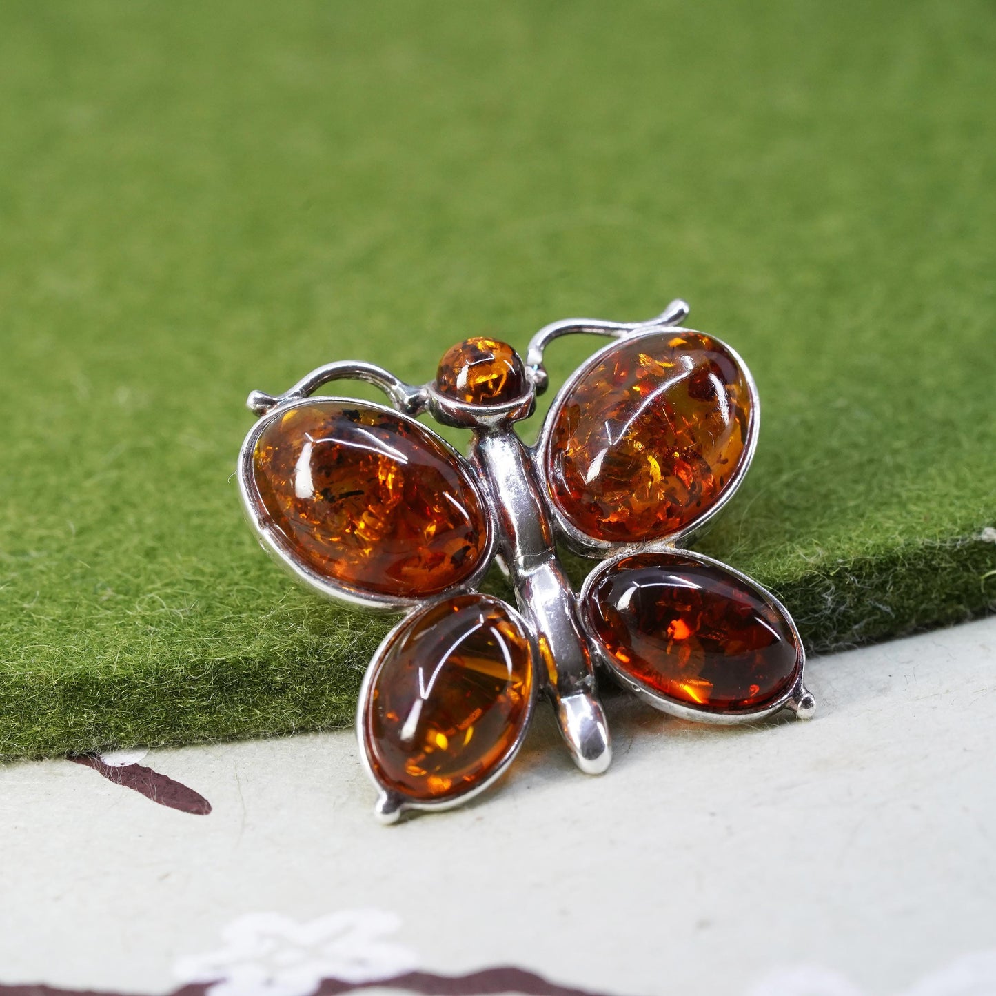 Vintage Sterling 925 silver handmade butterfly pendant with amber