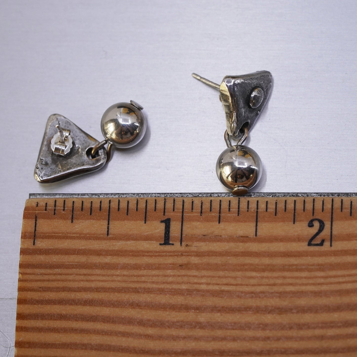 handmade sterling silver earrings, 925 triangular hammered dangle with bead