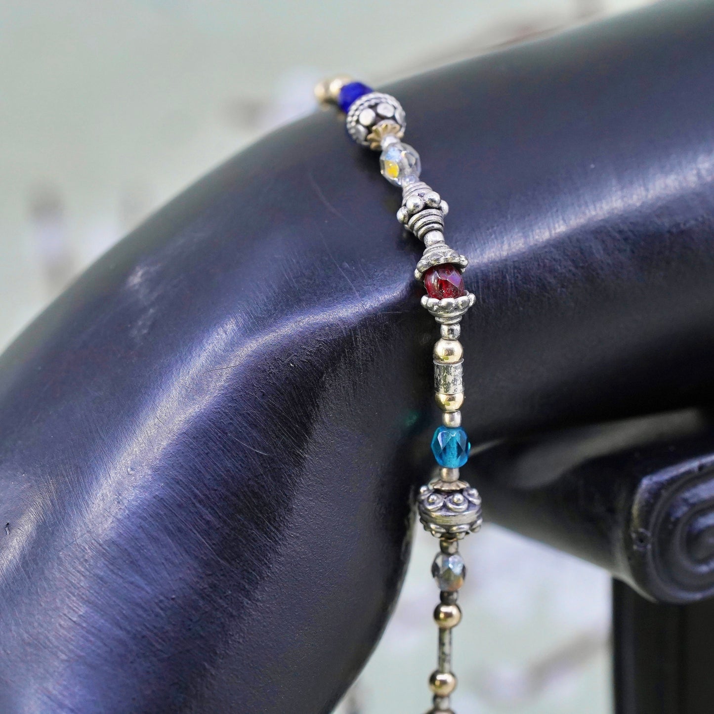 9.5", Italy Sterling 925 silver bracelet anklet with colorful crystal beads
