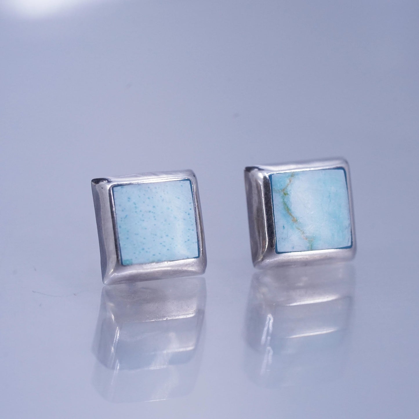 Vintage Sterling 925 silver handmade earrings, square studs with turquoise