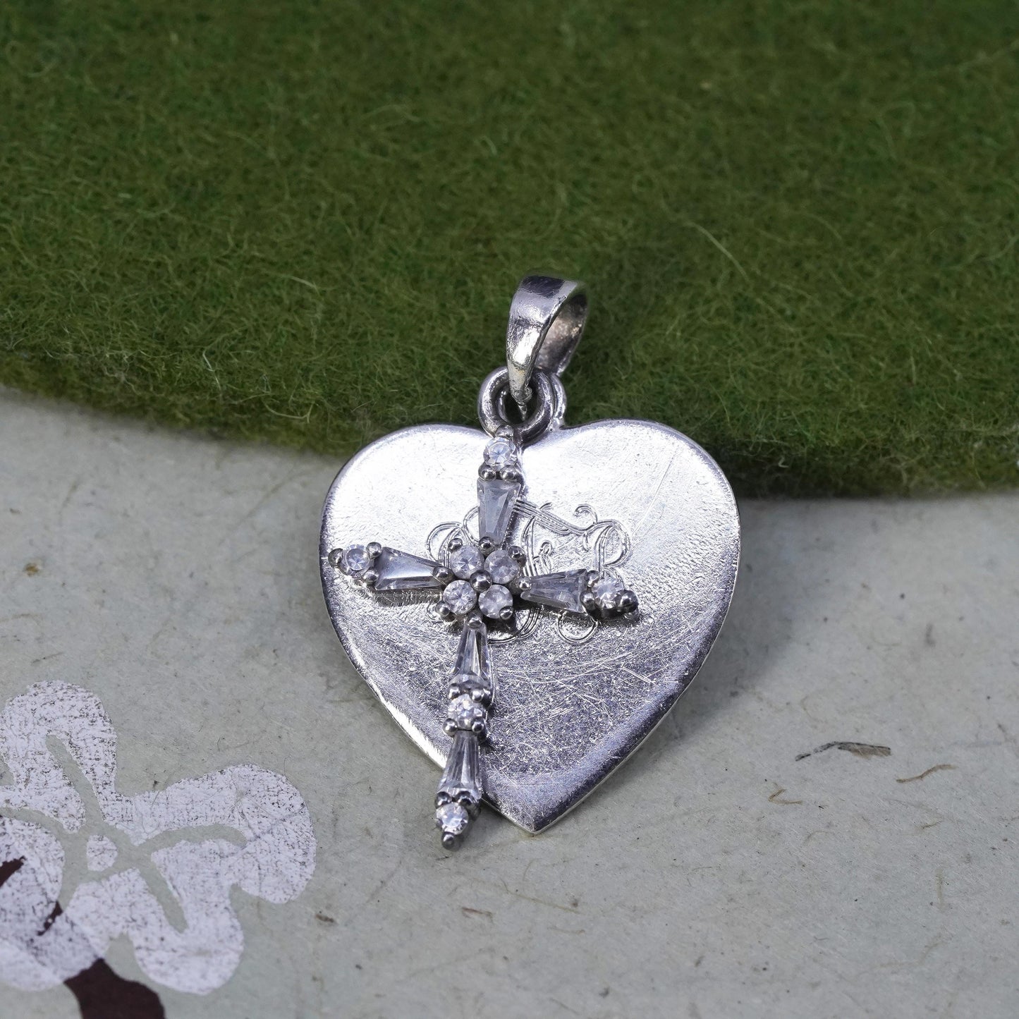 Vintage handmade Sterling silver pendant, 925 cz cross heart tag monogram “DRF”