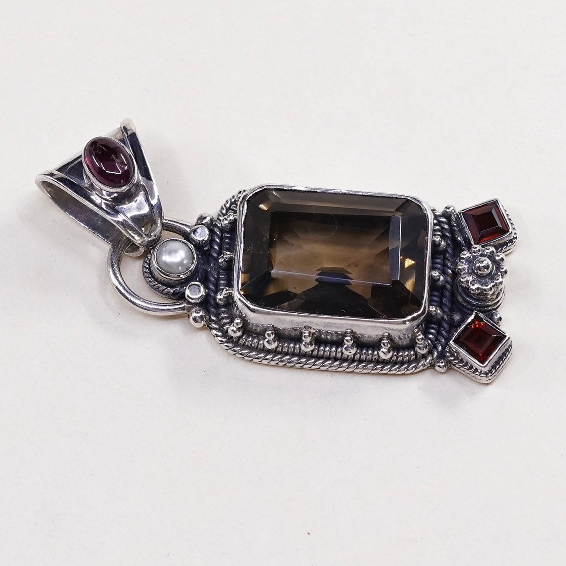 VTG sterling silver handmade pendant, 925 w/ smoky topaz and ruby, pearl