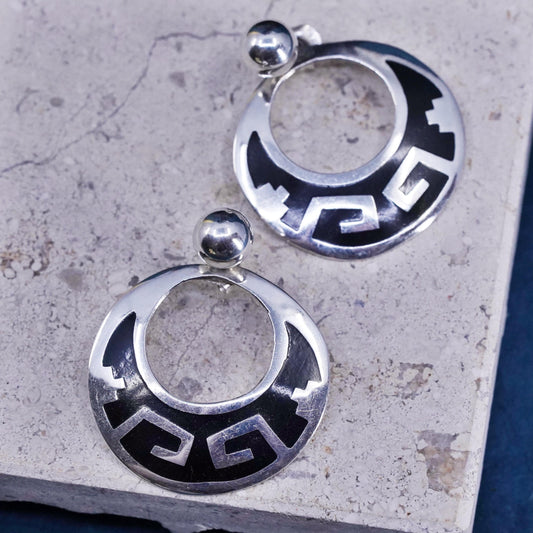 Vintage Mexican Sterling Silver Earrings. 925 circle dangles enamel Greek key