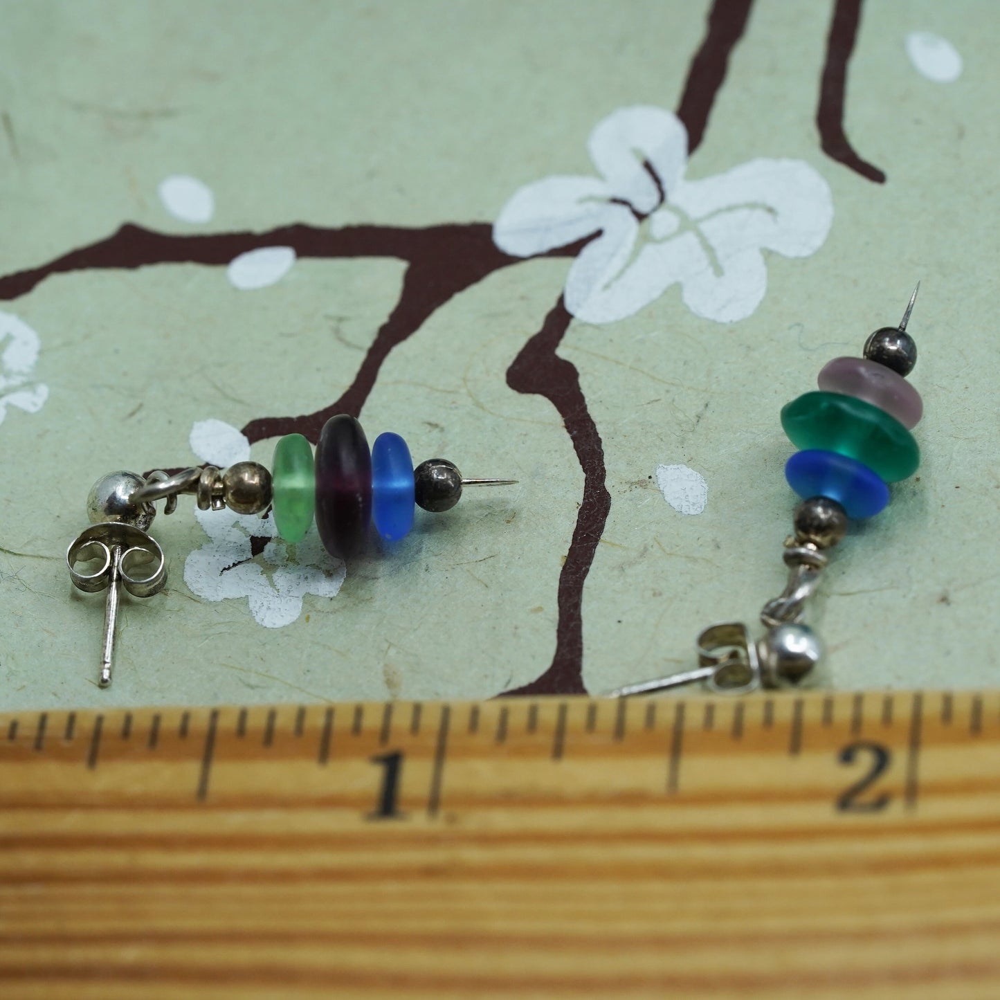 Sterling 925 silver handmade earrings with colorful sea washed glass dangles