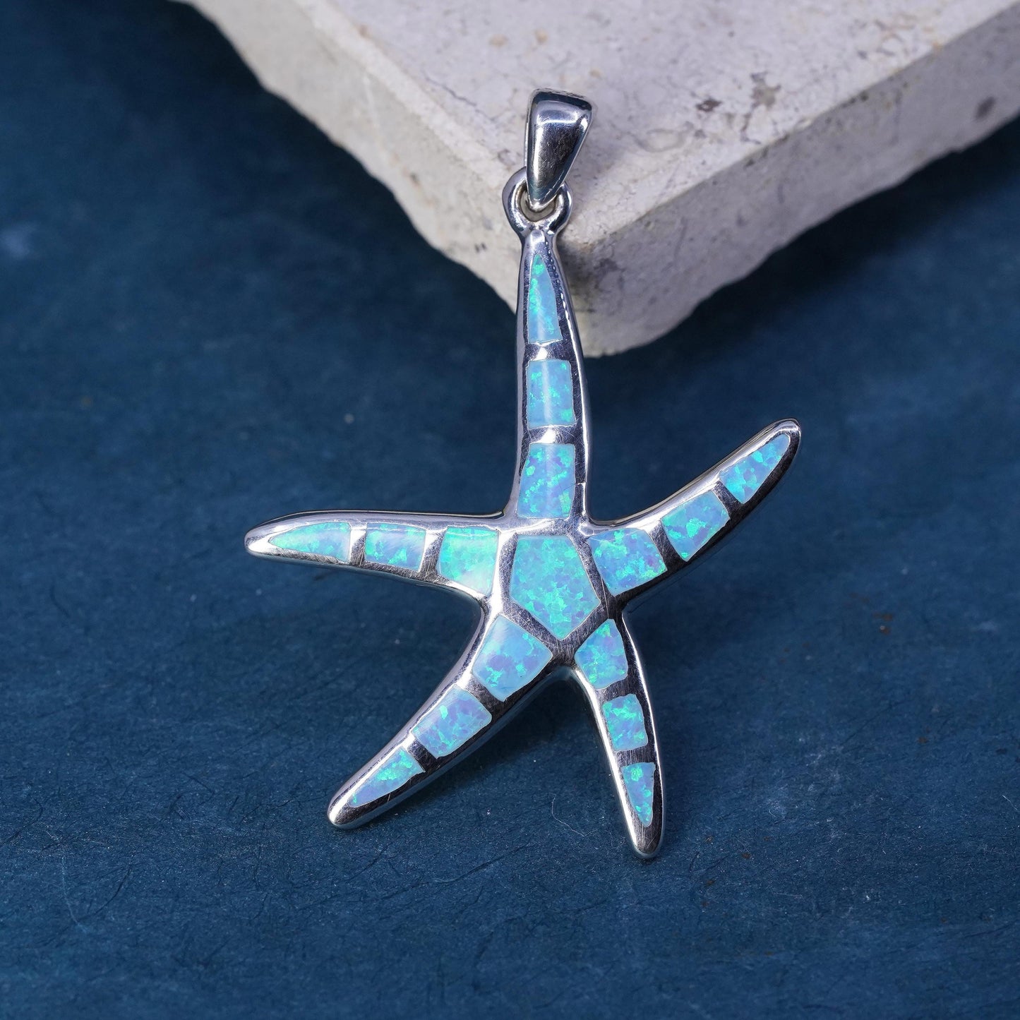 vintage sterling 925 silver handmade star starfish pendant with opal inlay