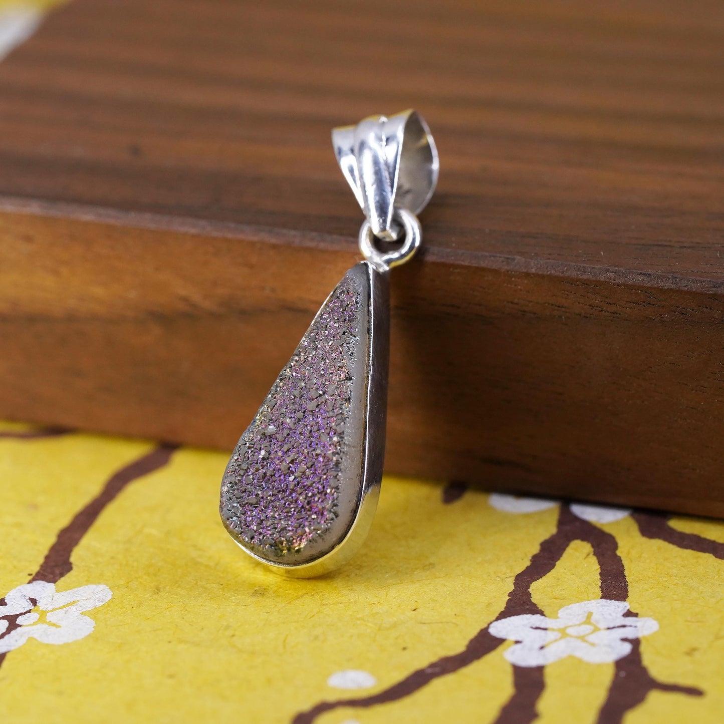 VTG Sterling silver handmade pendant, Mexico 925 teardrop purple druzy stone