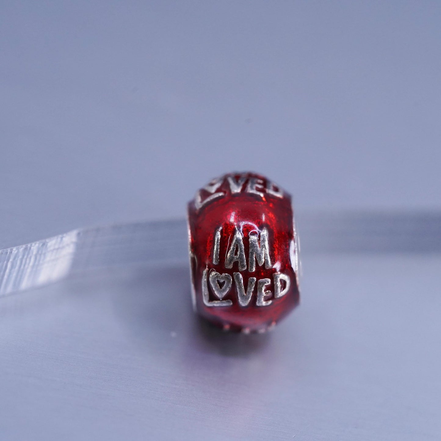 VTG Sterling silver handmade charm, 925 red enamel bead embossed “I’m Loved”