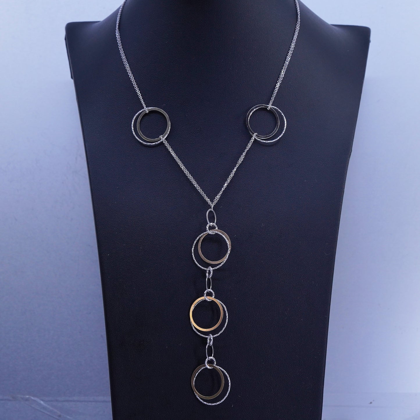 16+2”, Sterling 925 silver double strands necklace entwined circle drop pendant