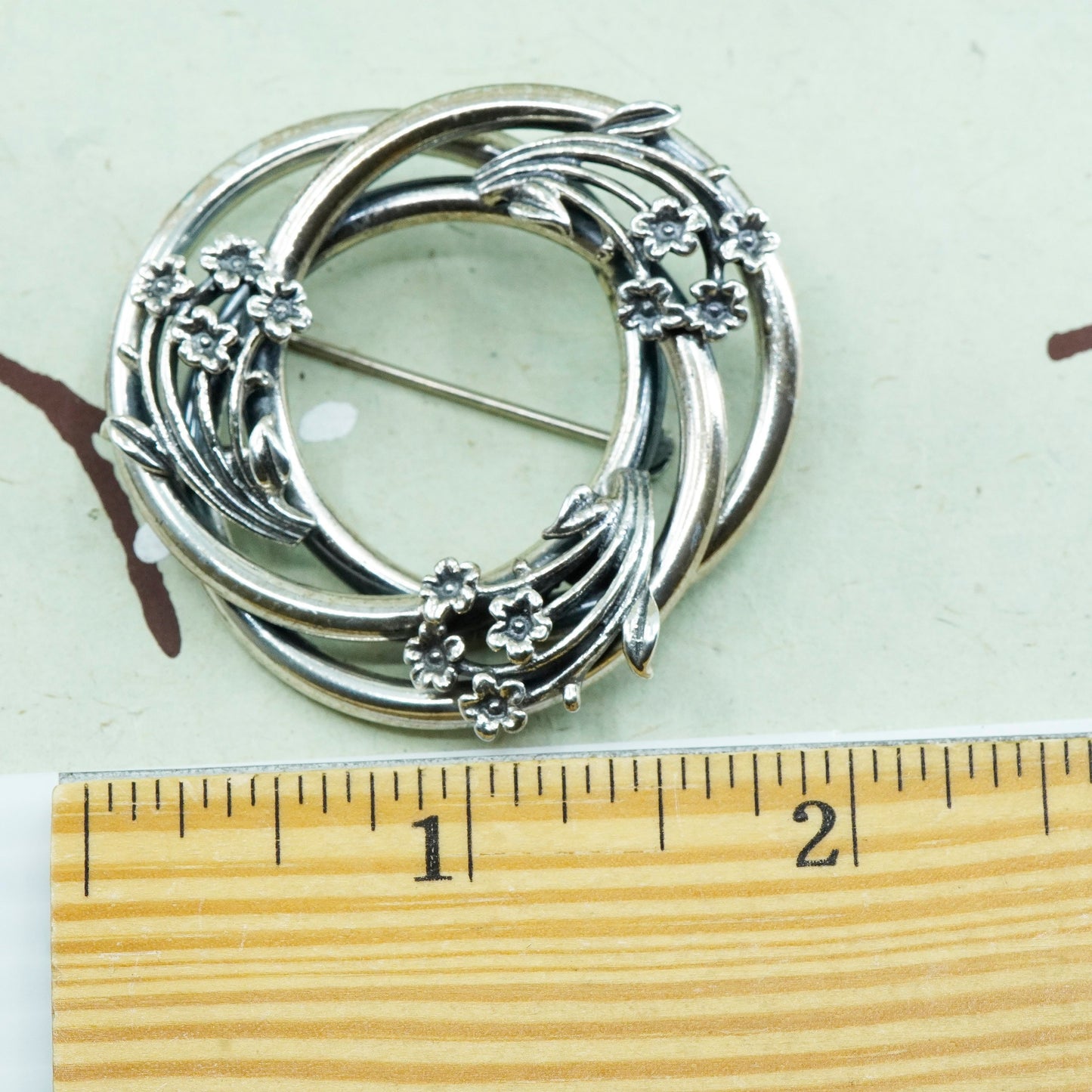 Jewel Art sterling silver handmade brooch, 925 entwined circle pin with flower