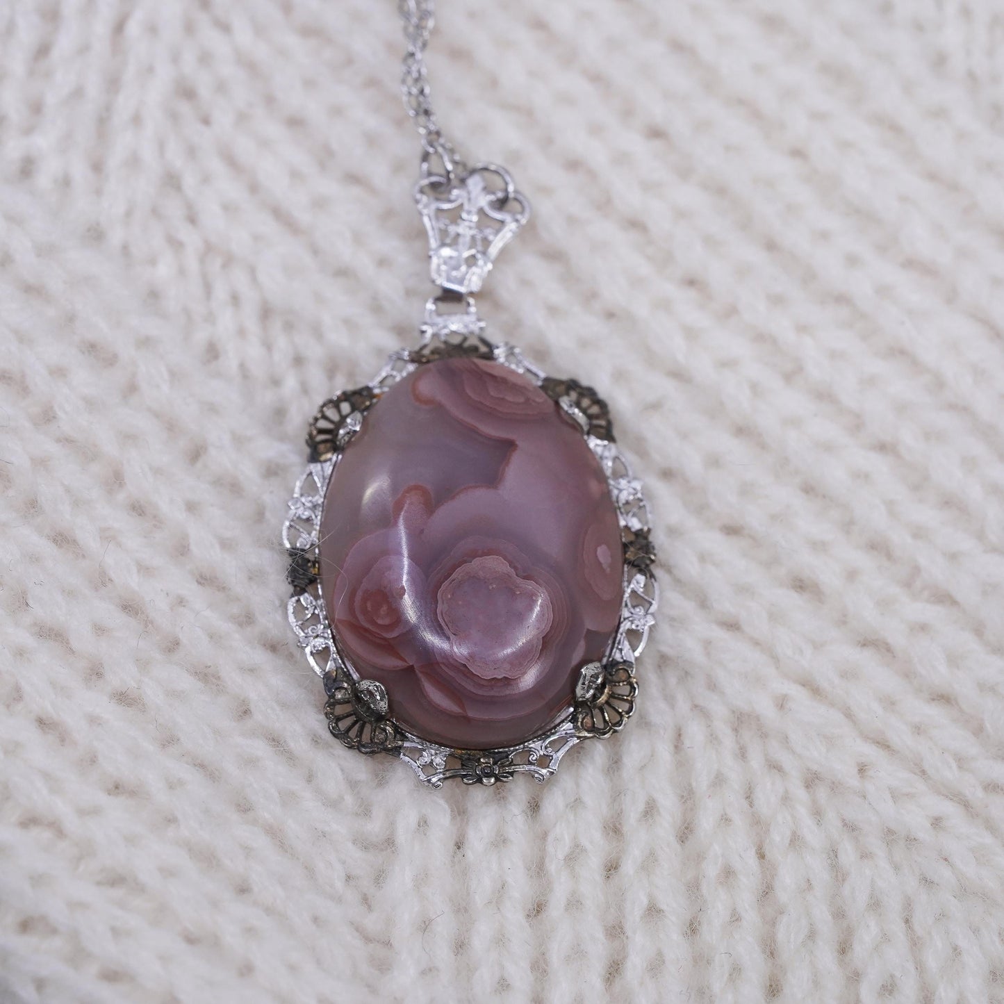 18", sterling silver handmade necklace, 925 curb chain with pink agate pendant