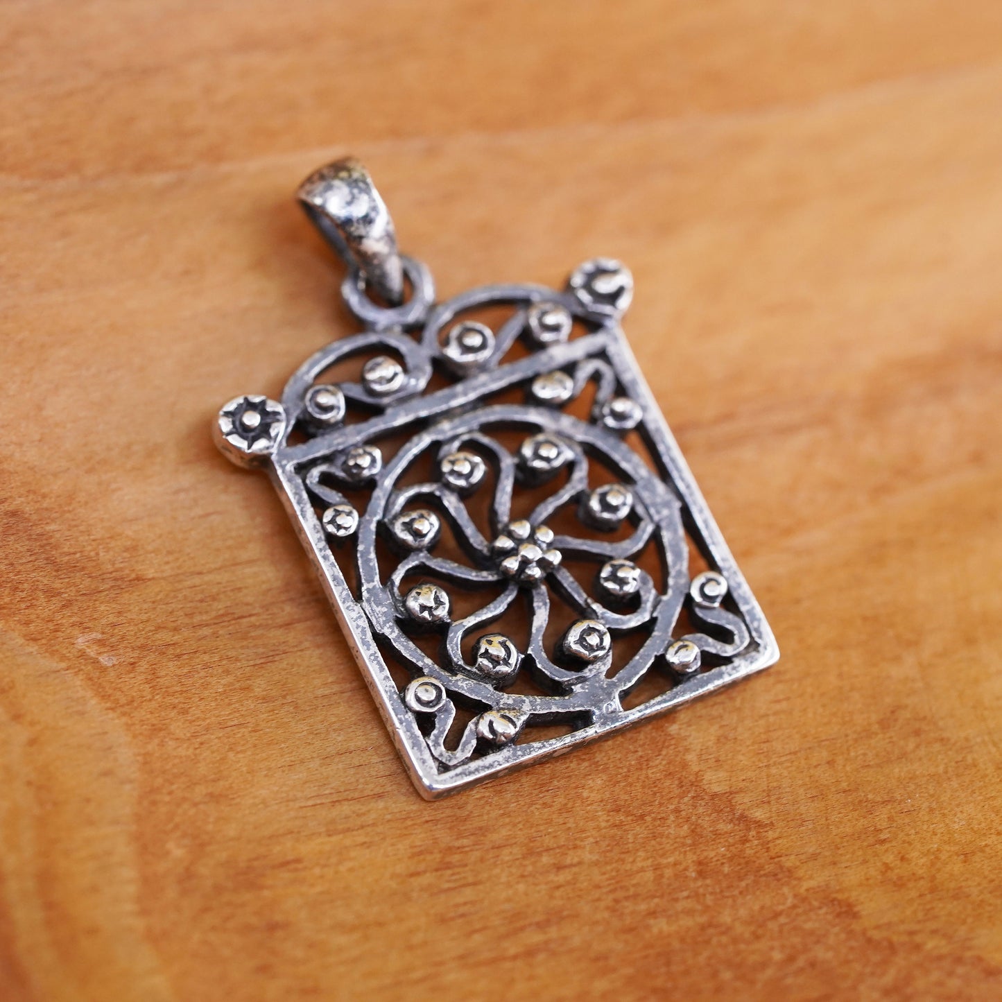 Vintage Sterling 925 silver handmade pendant, filigree square pendant