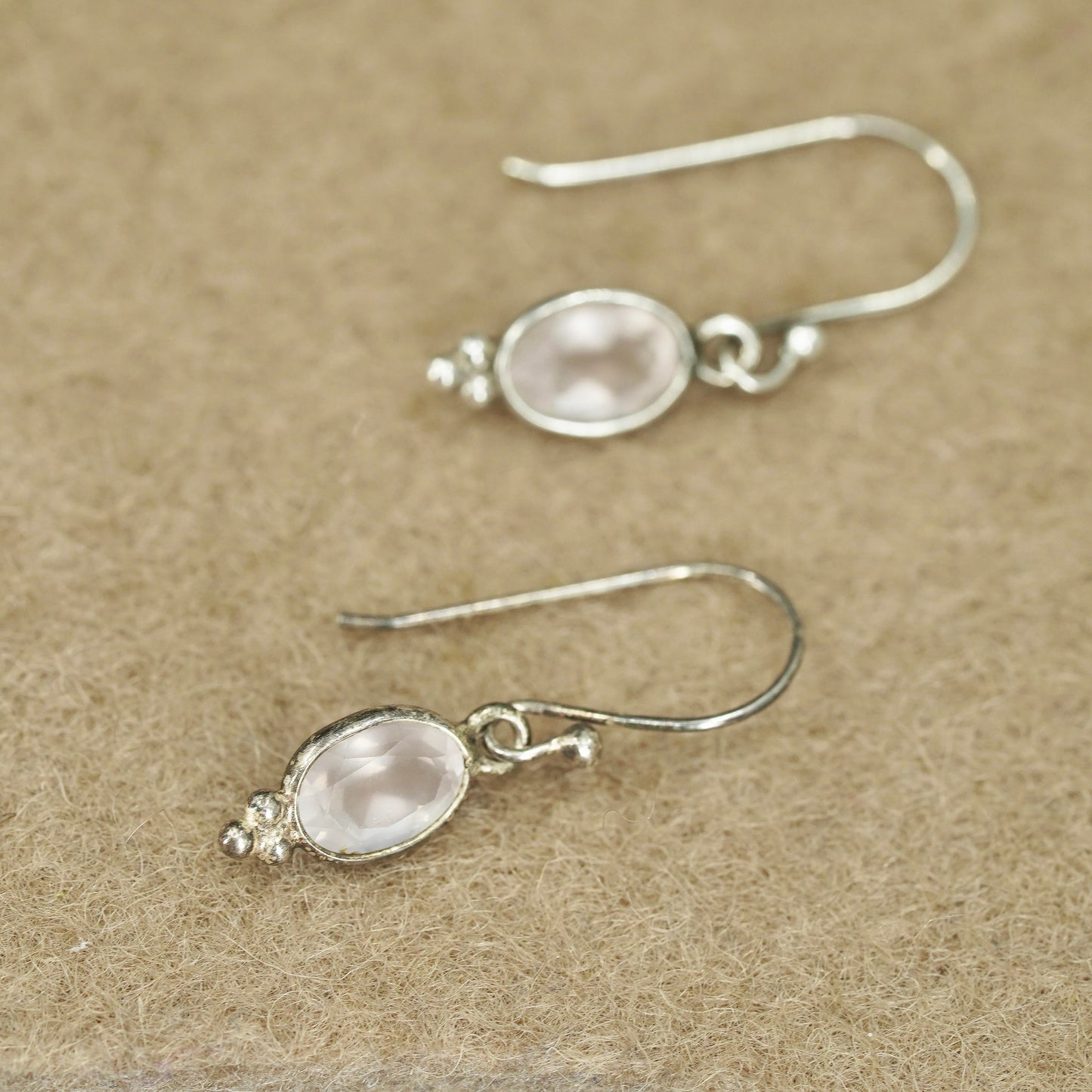 Vintage Sterling 925 silver handmade oval earrings with pale pink quartz