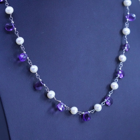 15+2", VTG Sterling 925 silver handmade necklace with pearl and amethyst beads