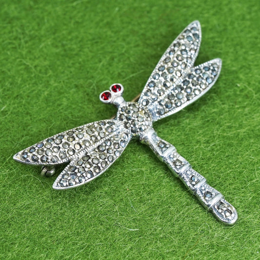 Vintage Sterling 925 silver handmade dragonfly brooch with marcasite and garnet