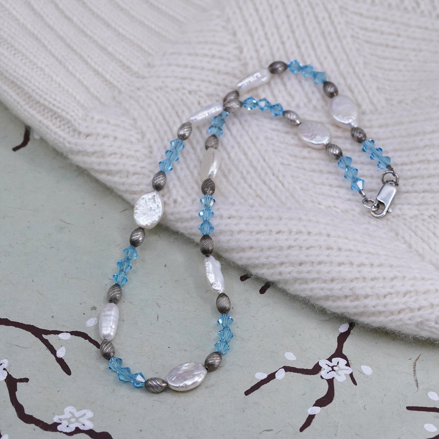 16”, Sterling 925 silver necklace with coin pearl beads and blue crystal