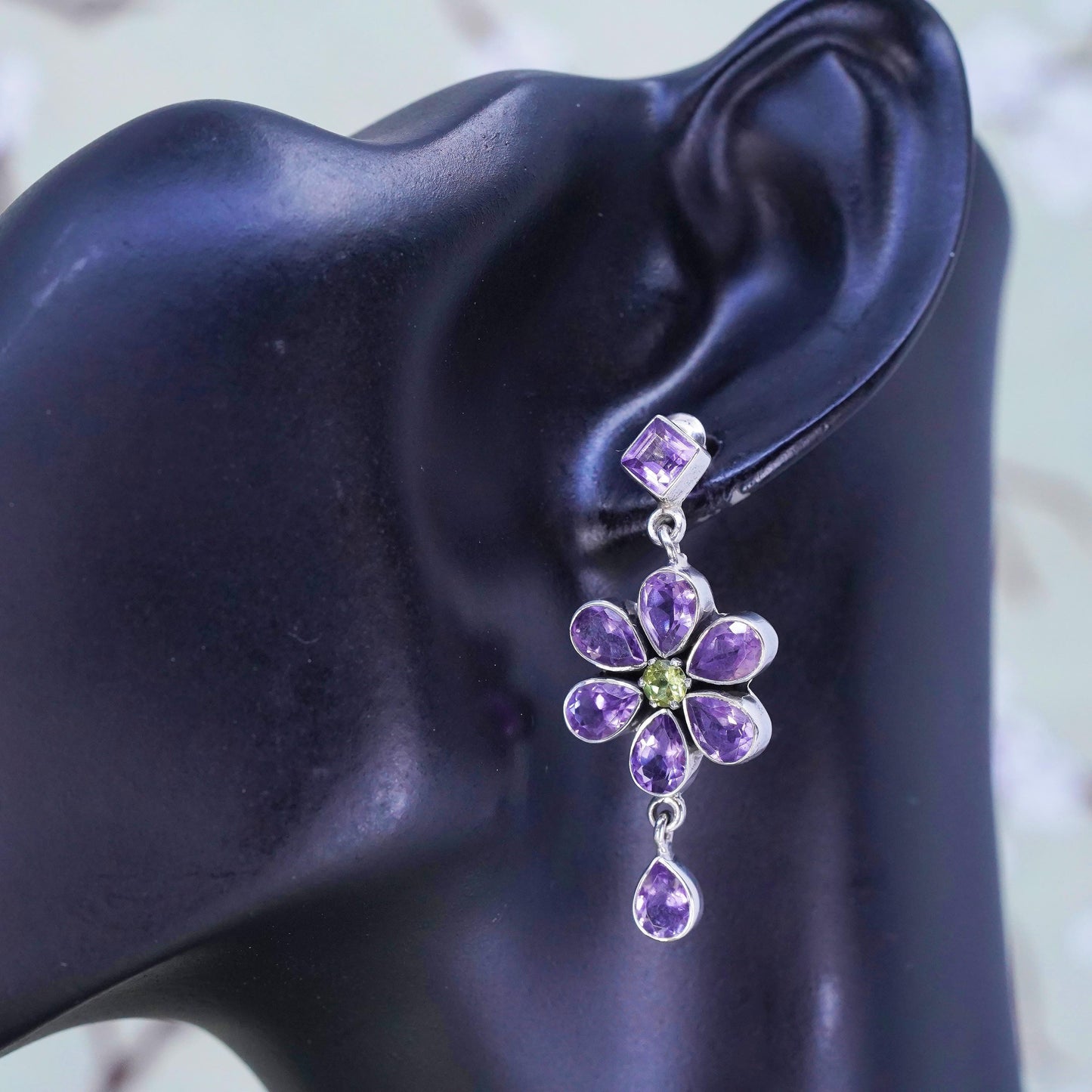 Vintage sterling 925 silver flower earrings with peridot and amethyst, earrings