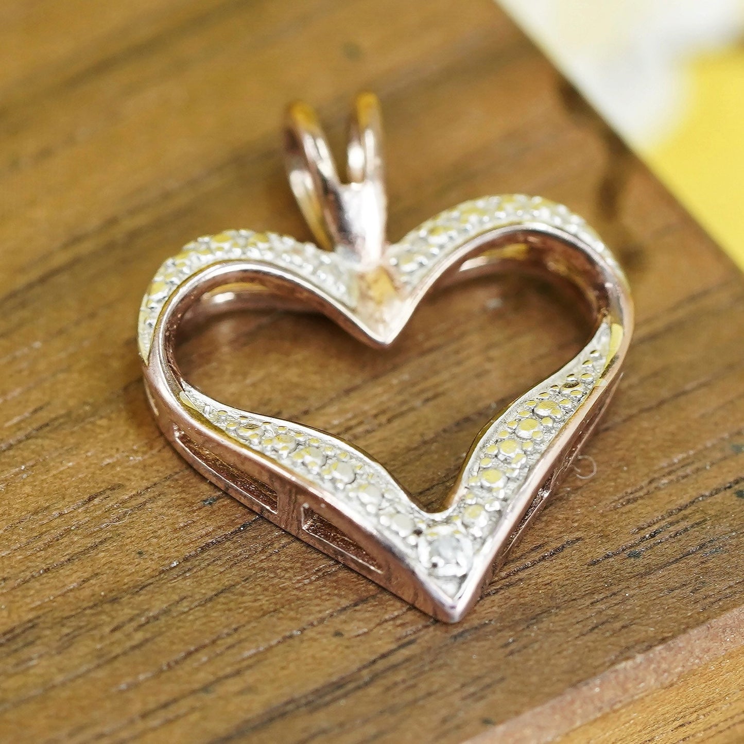 Vintage vermeil gold over sterling silver pendant, 925 heart with diamond inlay