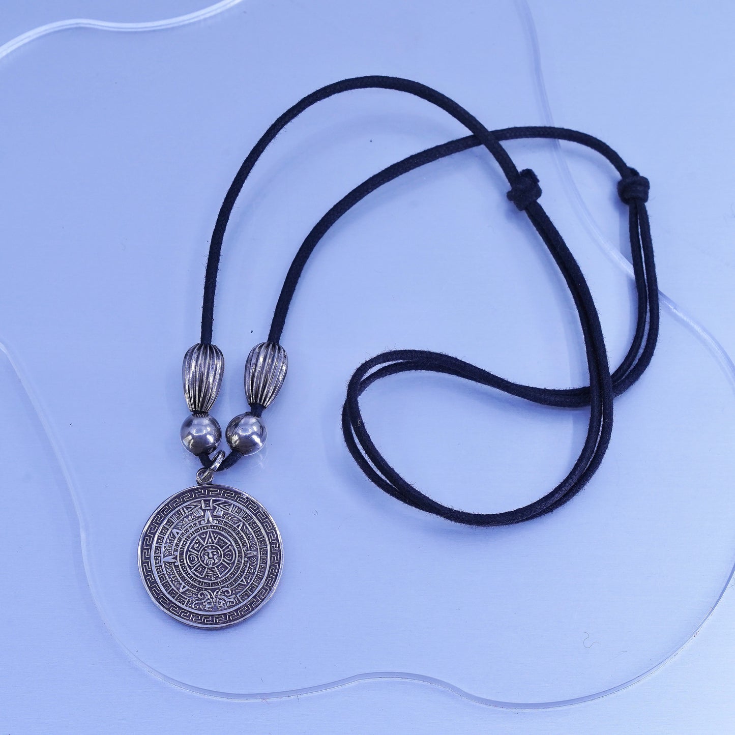 Mexican linen chain necklace with sterling 925 silver Mayan calendar pendant