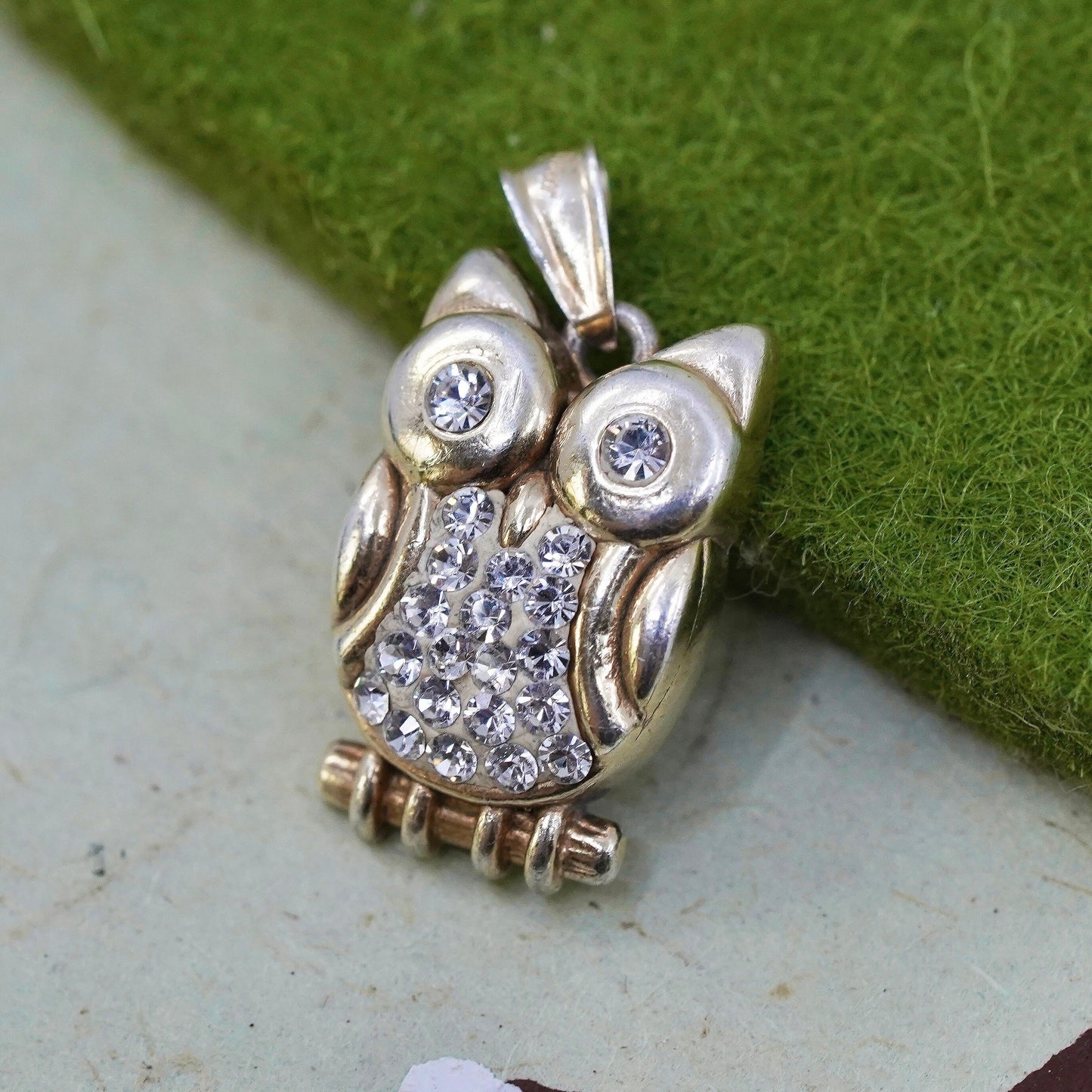 Vintage yellow gold over sterling 925 silver owl pendant with cluster crystal