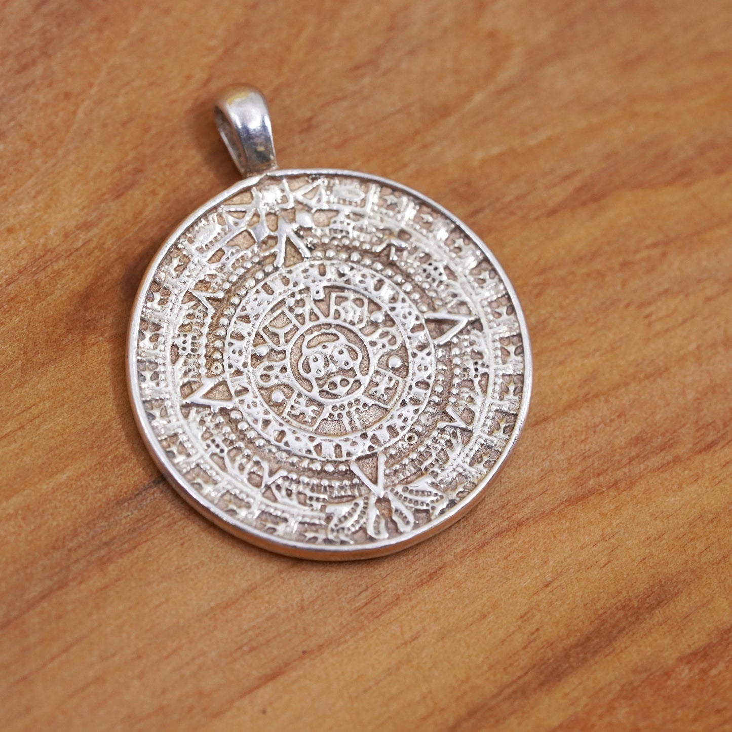 Mexican Sterling silver pendant, 925 double sided circle tag Mayan calendar