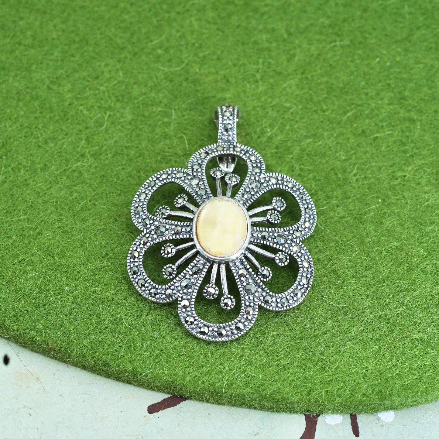 sterling silver handmade pendant, 925 flower with marcasite and mother of pearl