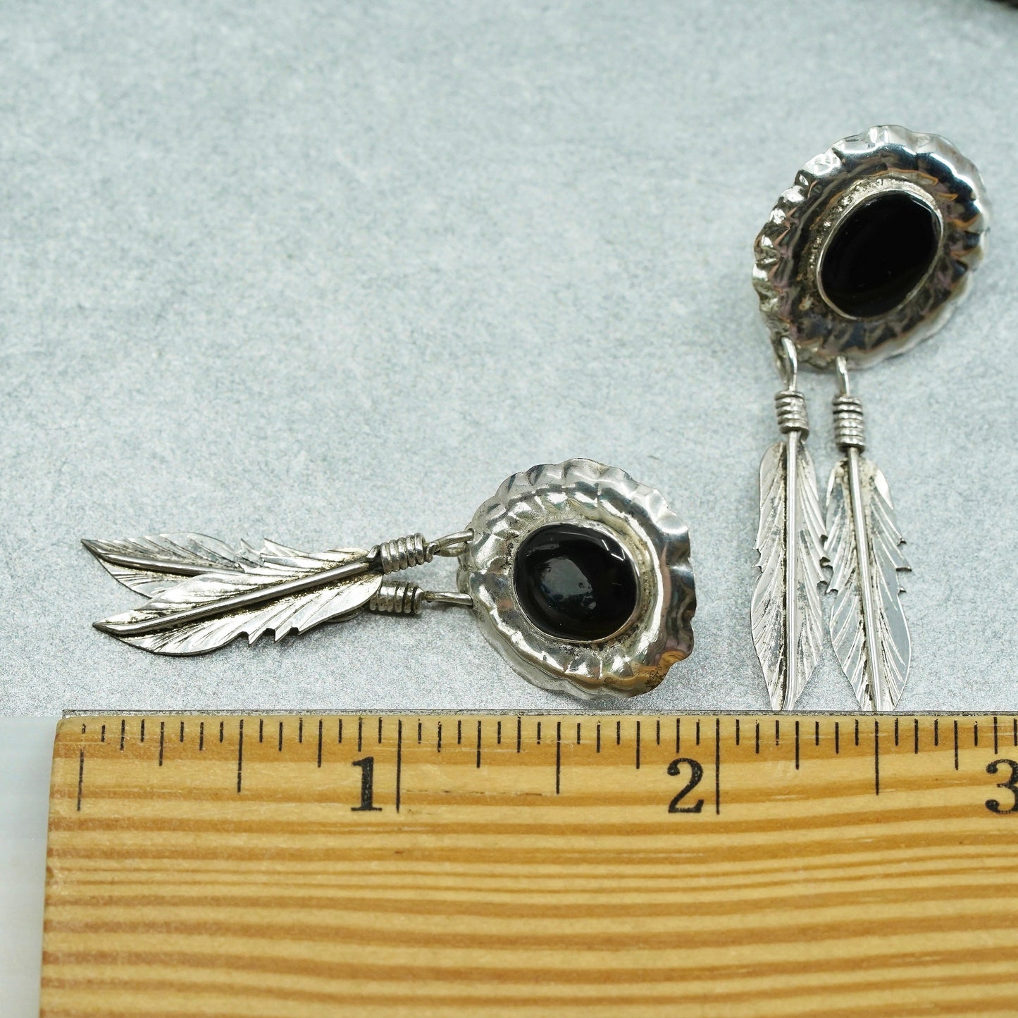 vintage Sterling silver earrings, 925 oval studs with onyx feather dangles