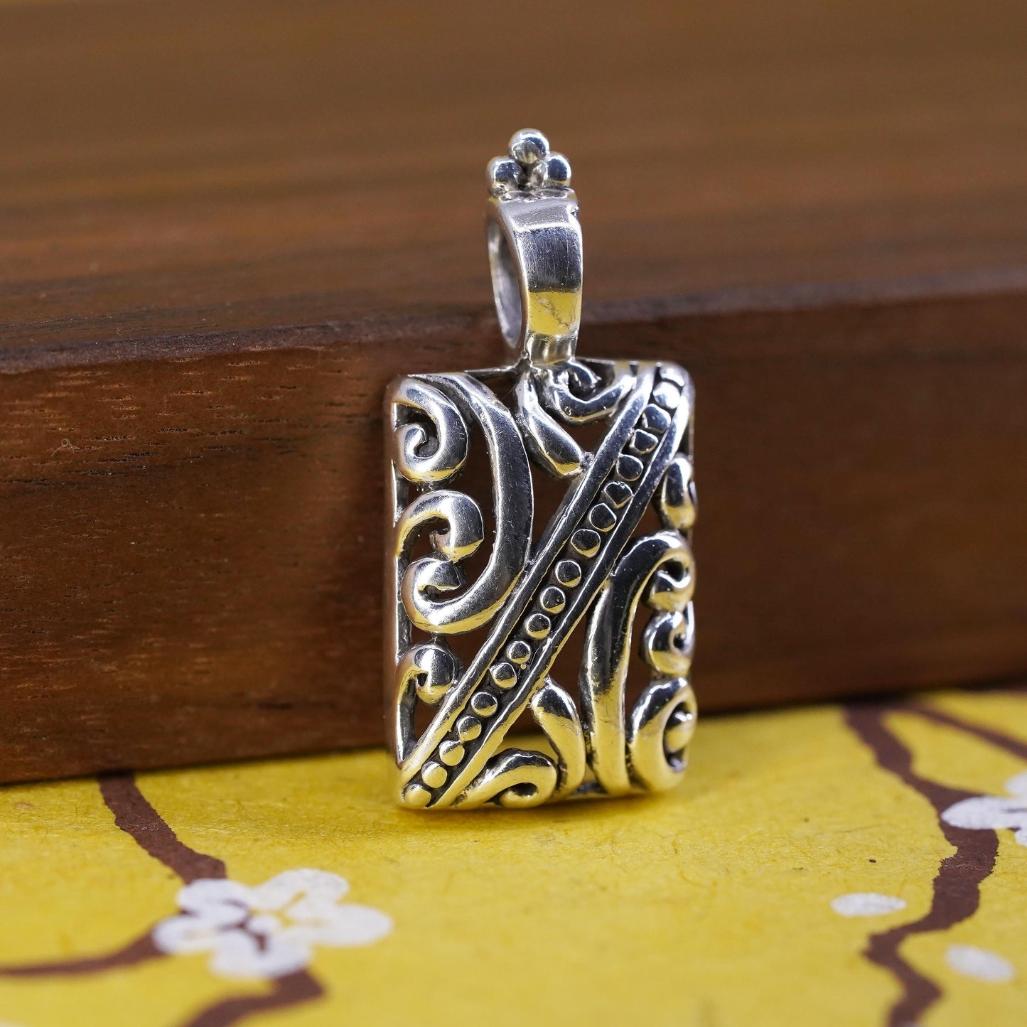 Vintage Sterling 925 silver handmade pendant, filigree rectangular pendant