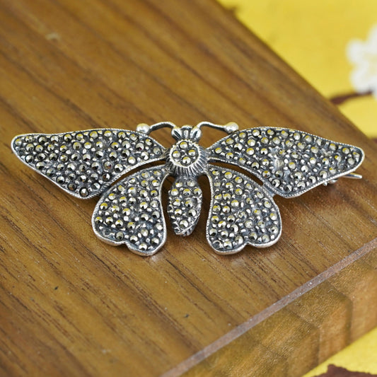 Vintage antique Art deco handmade sterling silver butterfly brooch marcasite
