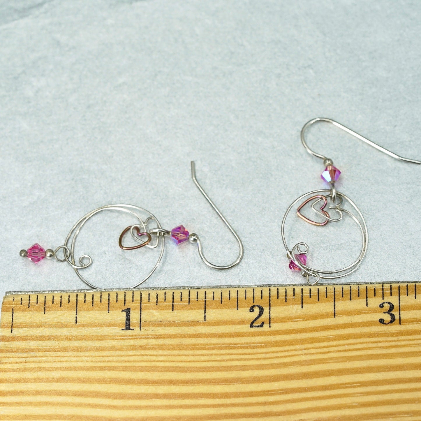 Vintage Sterling 925 silver handmade circle earrings with pink crystal