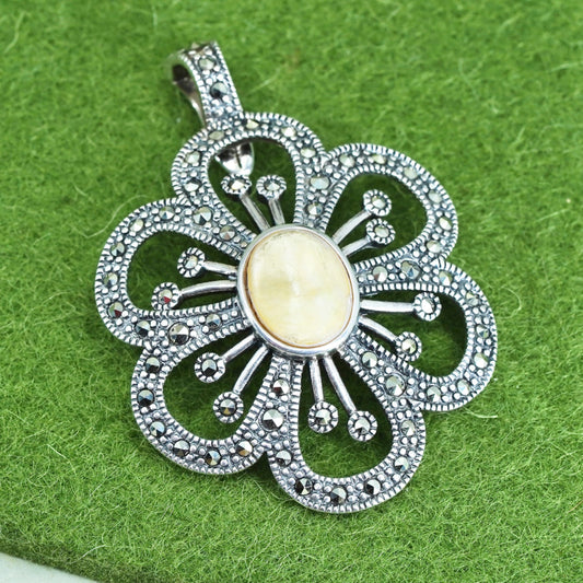 sterling silver handmade pendant, 925 flower with marcasite and mother of pearl