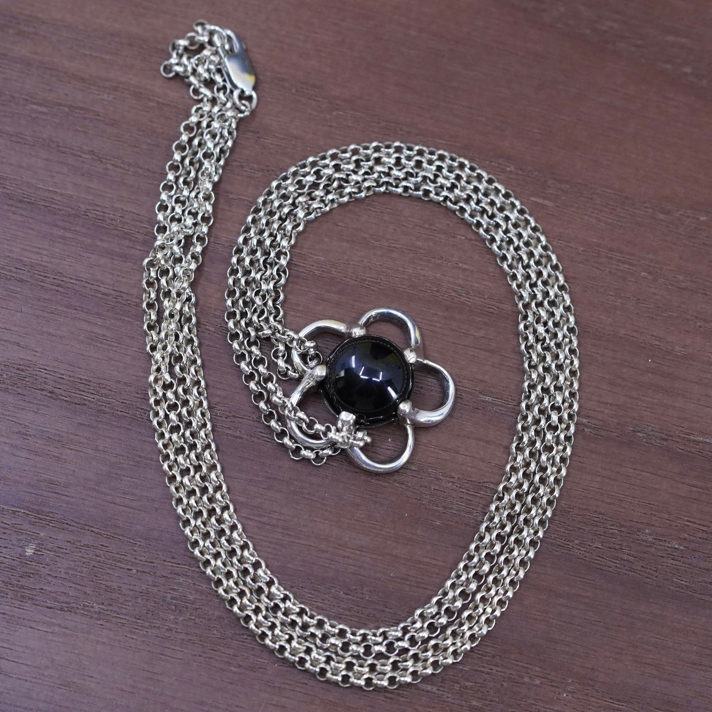 24”, sterling silver necklace, 925 double circle chain onyx flower pendant