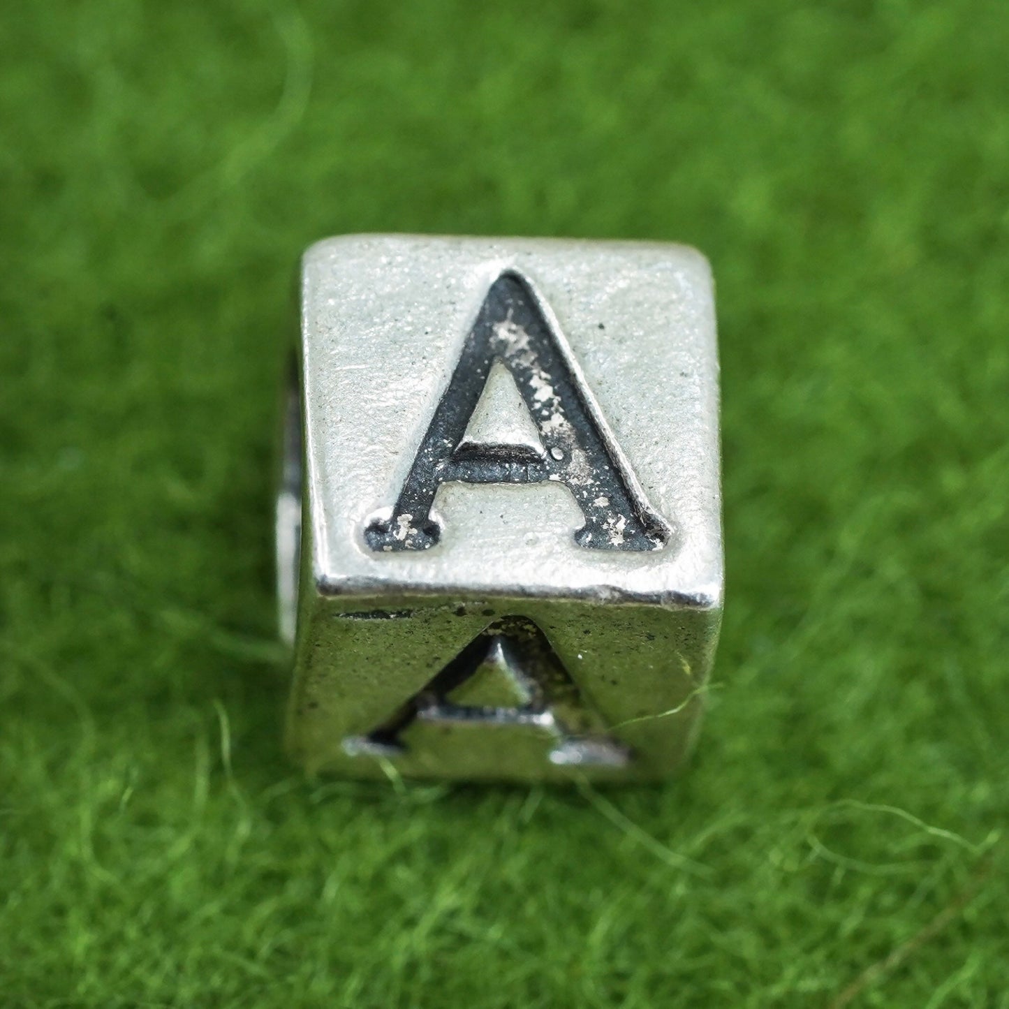 Vintage sterling silver handmade pendant, 925 cube charm engraved letter “A”