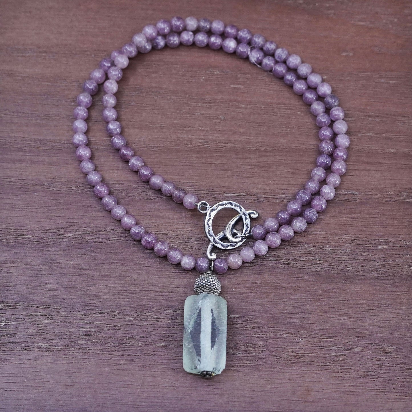 16”, sterling silver handmade necklace with amethyst beads and glass pendant