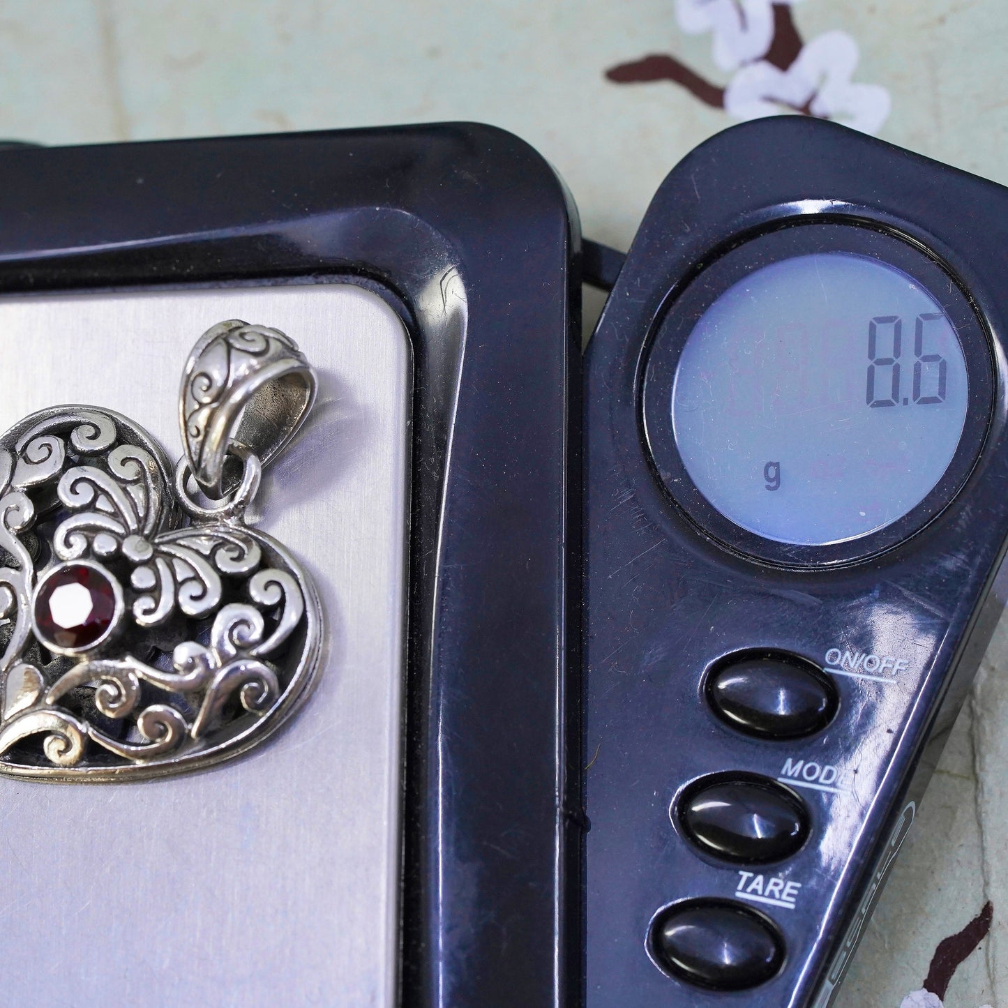 vintage sterling silver handmade pendant, 925 filigree heart charm with garnet