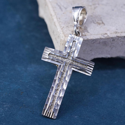 vintage Sterling silver Handmade charm, textured 925 Jesus cross pendant