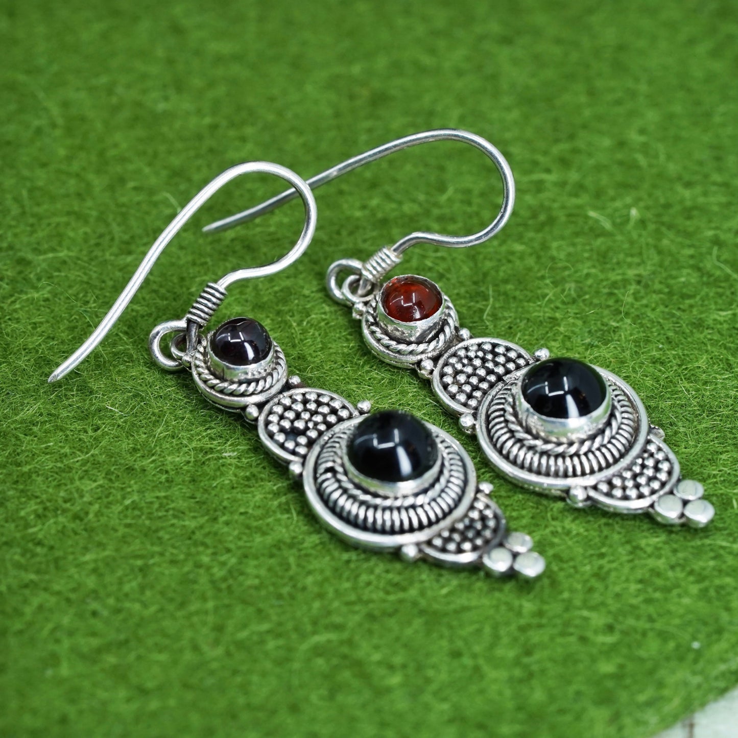 Vintage Sterling silver 925 handmade bali earrings with garnet beads