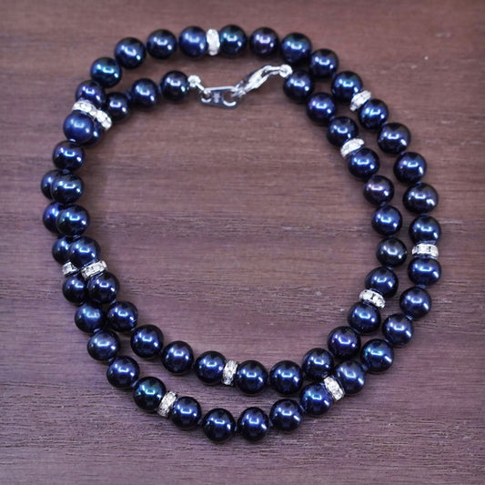 18”, Sterling silver handmade necklace, 925 clasp with 7mm black pearl beads