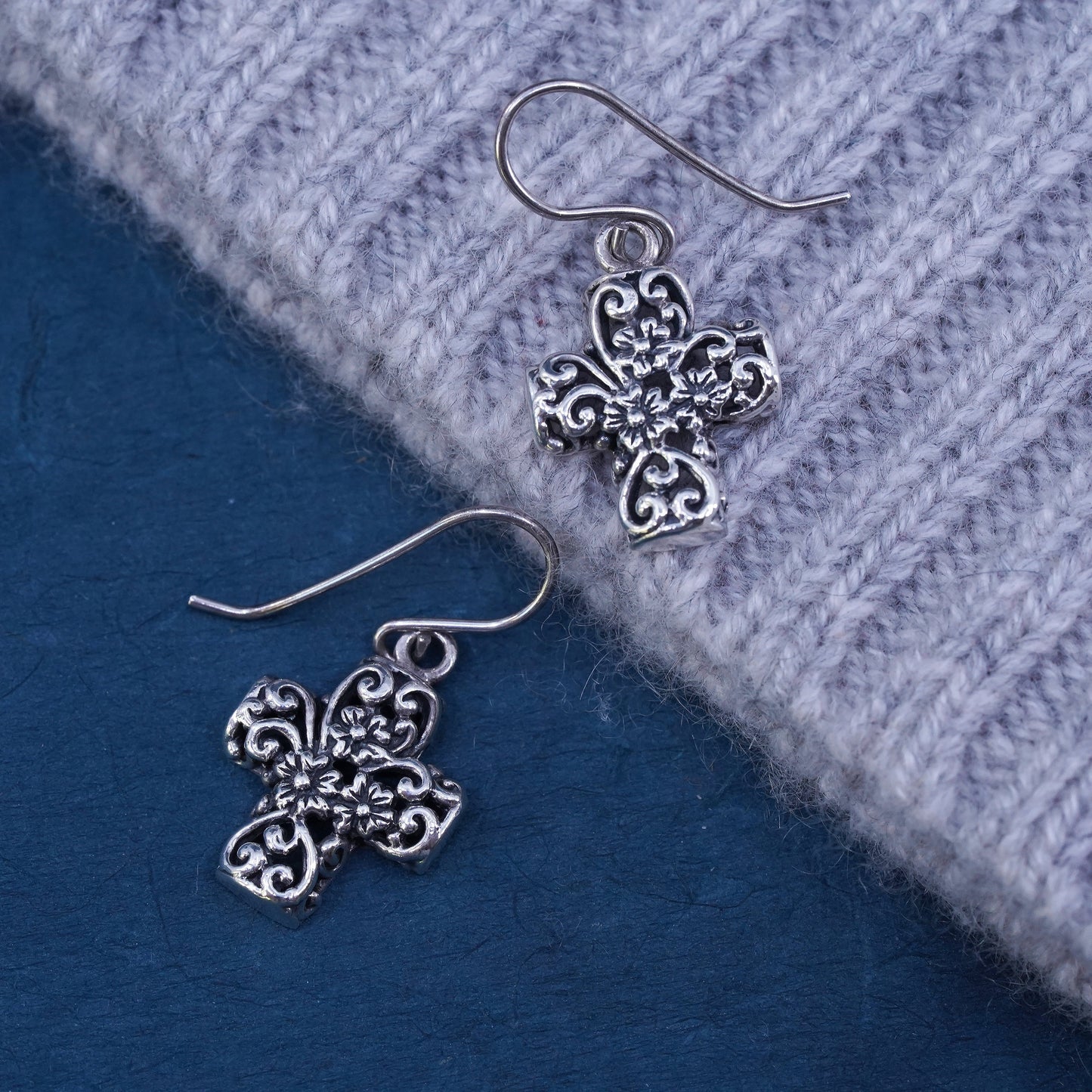 Vintage Sterling silver handmade earrings, 925 Bali filigree cross drops