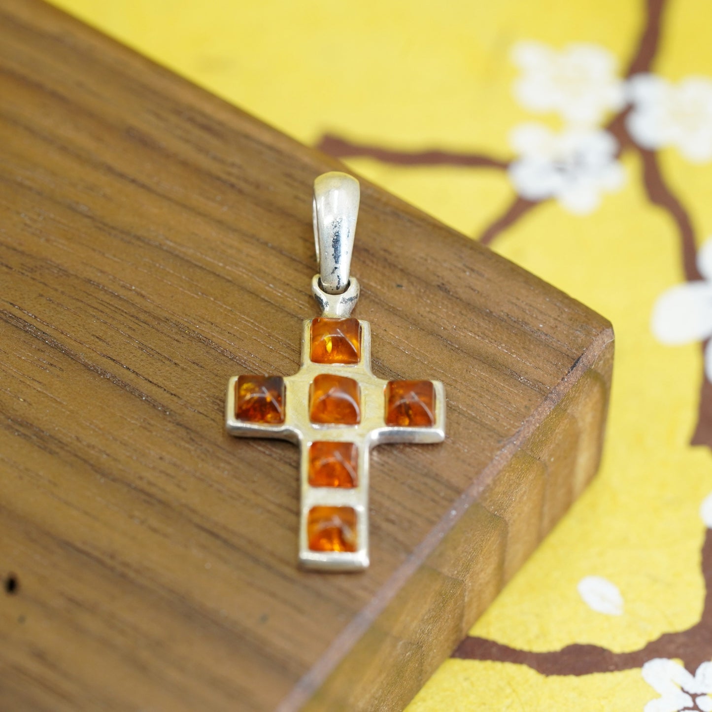 Vintage Sterling silver 925 handmade cross pendant with Amber